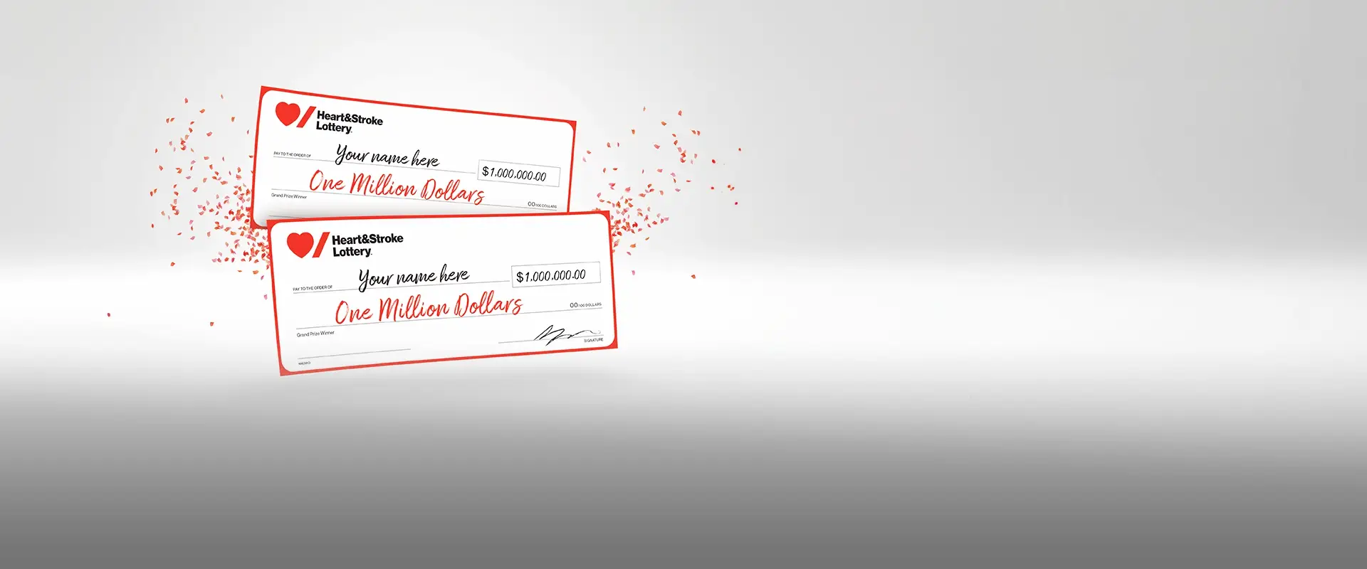 two $1 million cheques in front of some red confetti