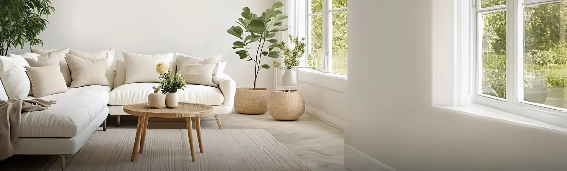 Comfortable living room with white sofa by the window 